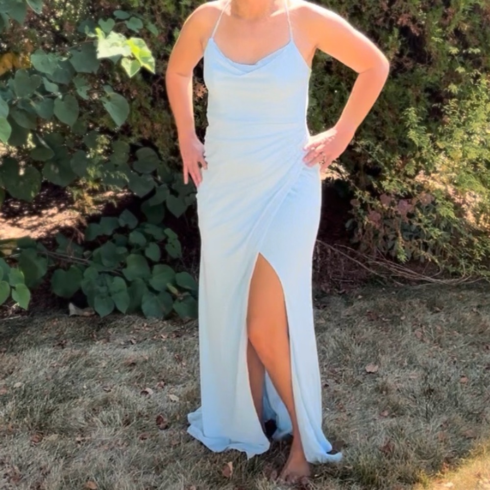 Azazie Light Blue Spaghetti Strap Maxi Dress with Slit